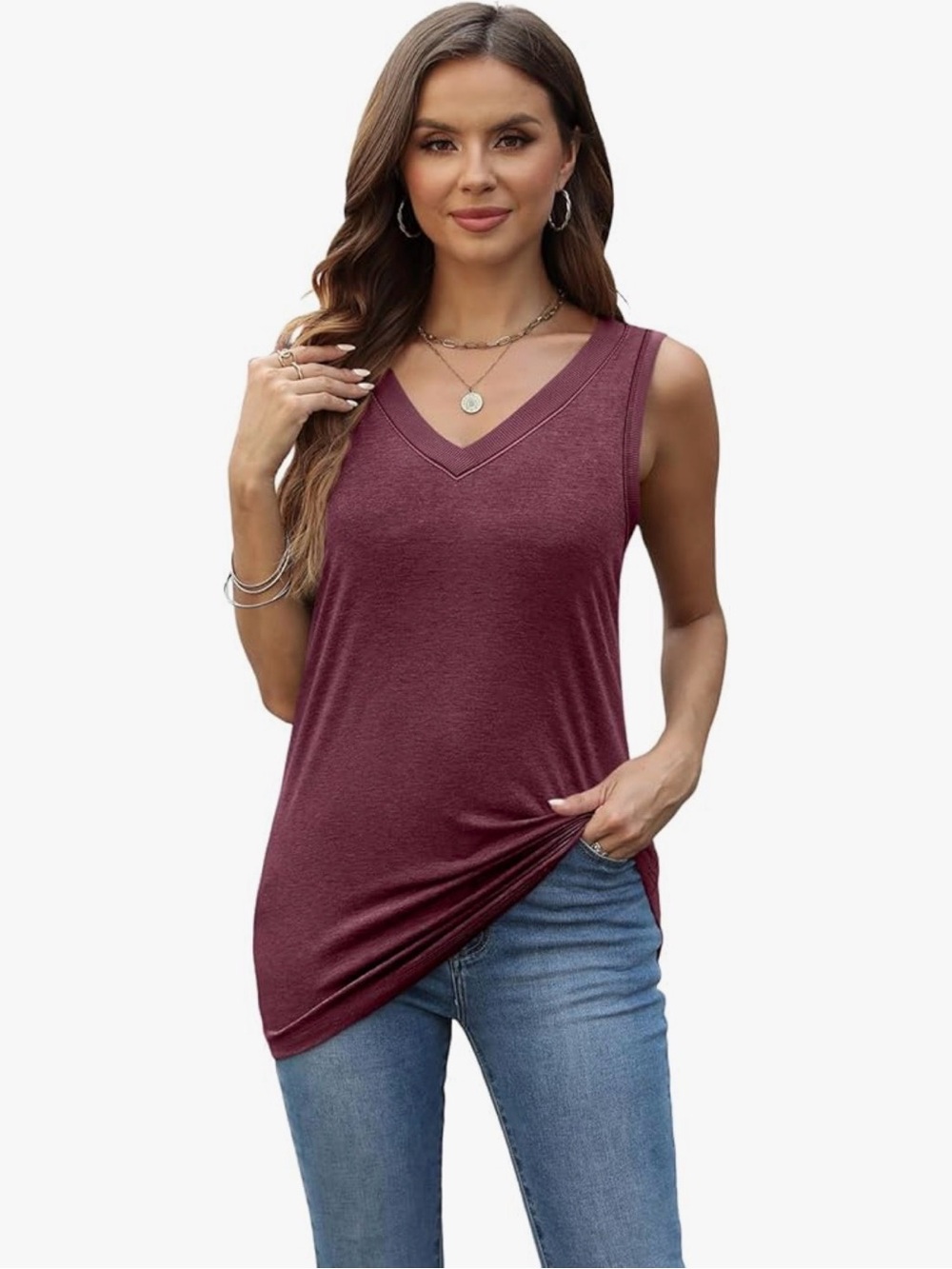 0089: V-Neck Sleeveless Tank Top in Burgundy